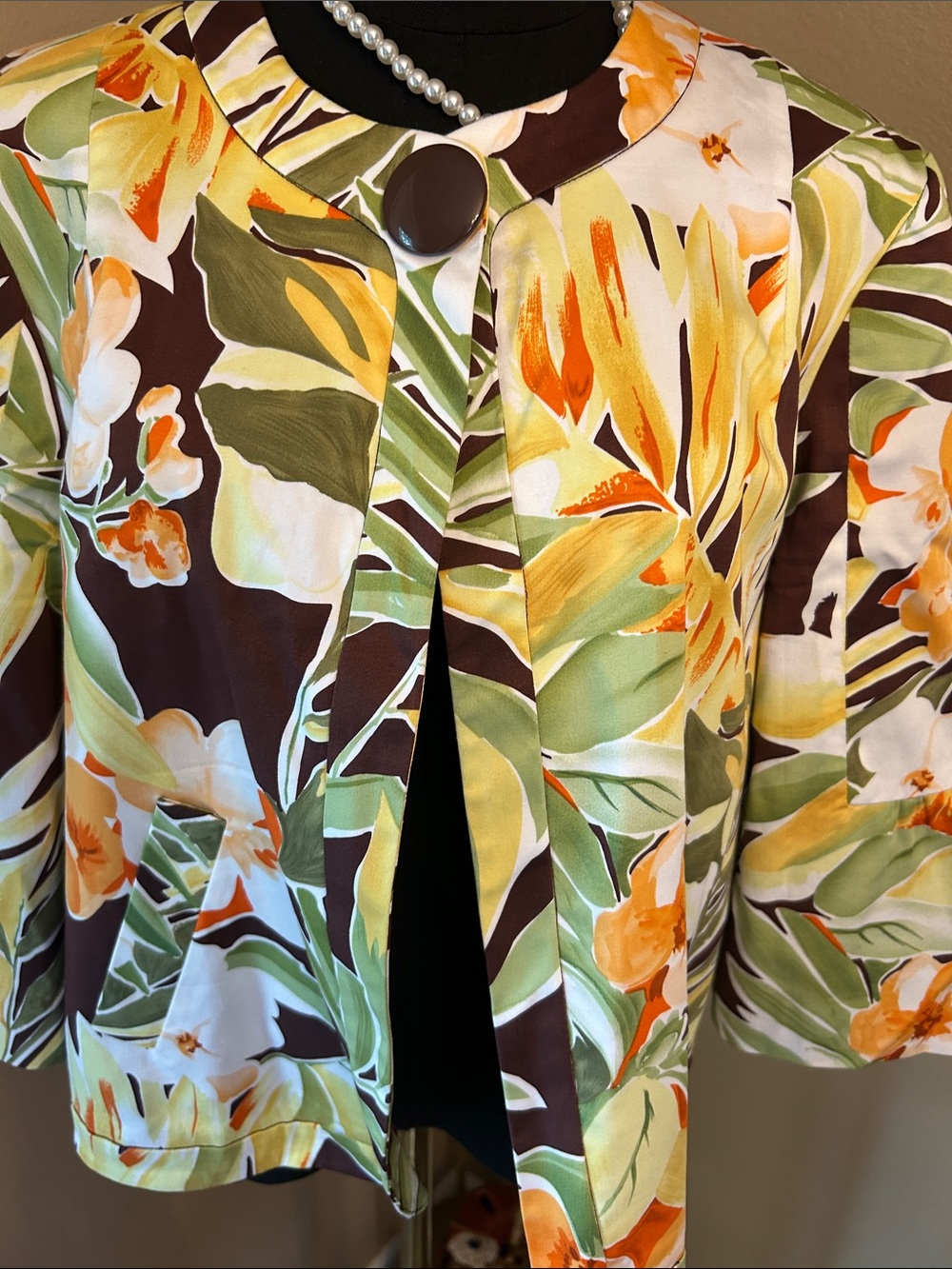 Floral Print Open Front Blazer Jacket - Yellow Green Brown - Picture 8 of 13